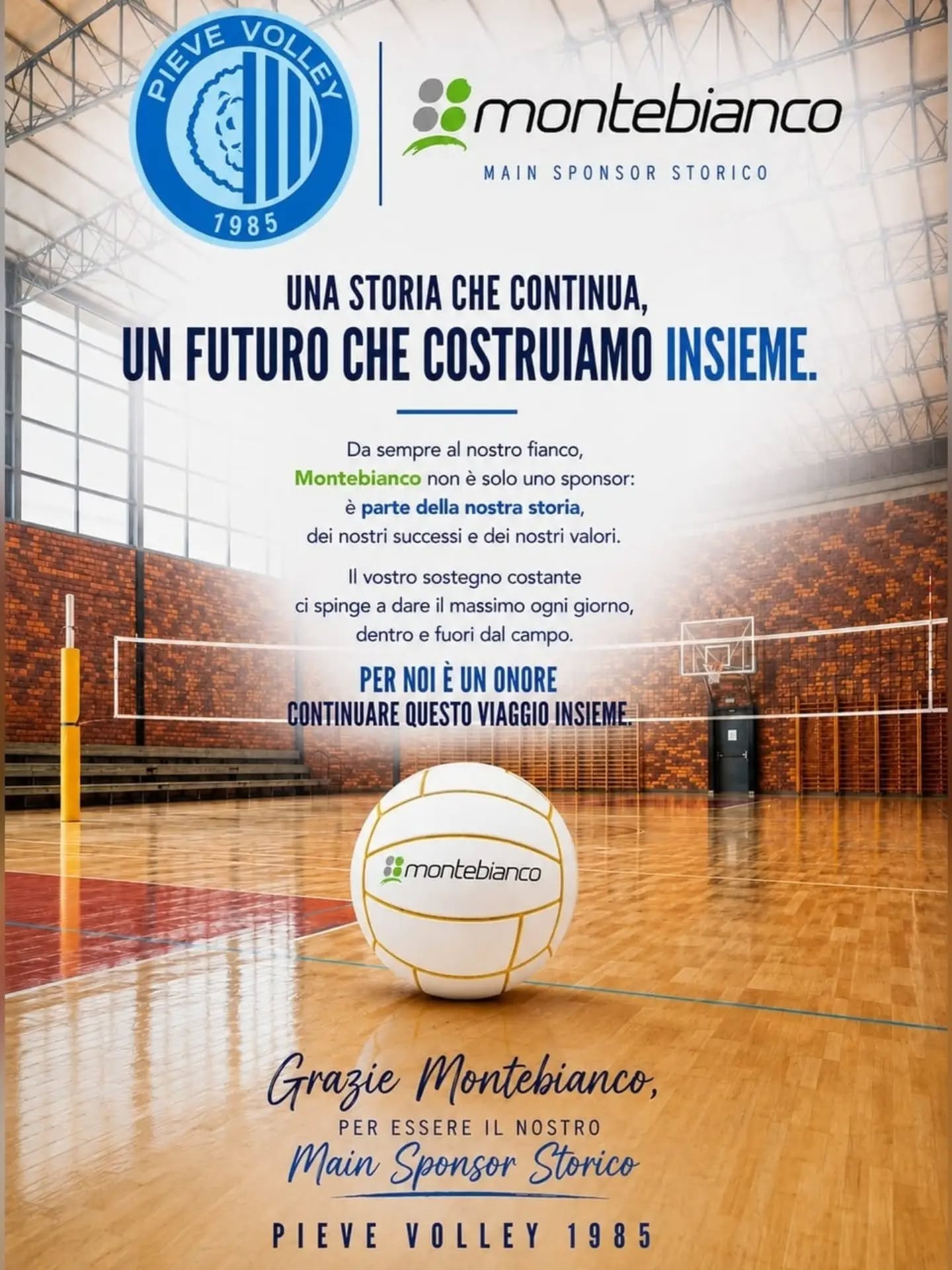 Grafica di ringraziamento a Montebianco, main sponsor storico del Pieve Volley