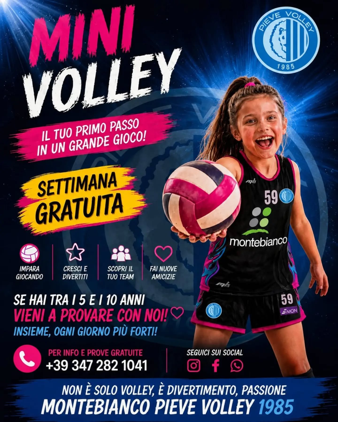 Locandina del Minivolley del Pieve Volley con una giovane atleta e un pallone