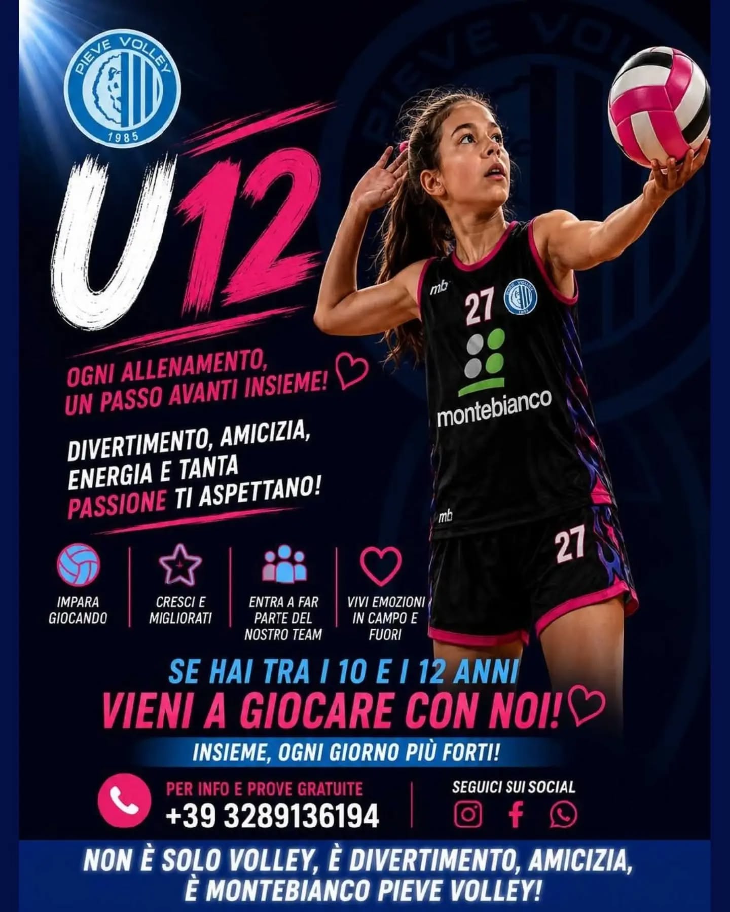 Locandina Under 12 del Pieve Volley con una giovane atleta in battuta
